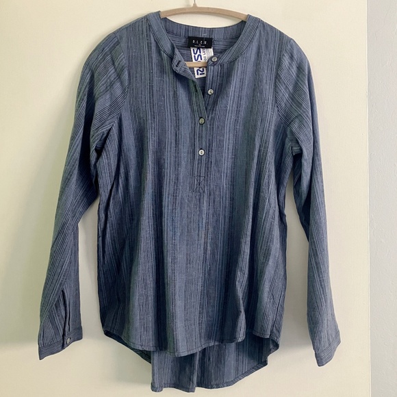 NWT B.L.E.U  linen blend long sleeve blue striped blouse boho top size XS - Picture 2 of 8